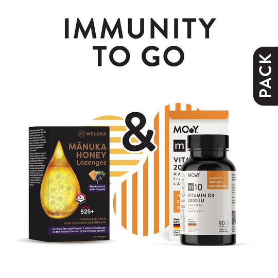 IMMUNITY TO GO, pachet promotional (Dropsuri manuka coacaze + m10 Natural Vitamin D3 2000 IU from lanolin), natural, 93g